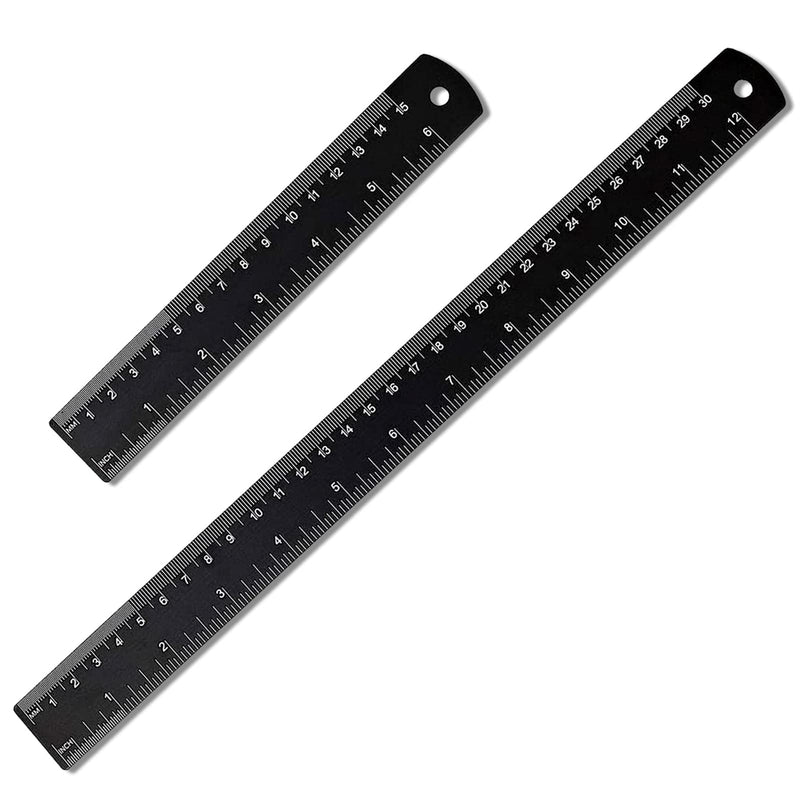 [Australia - AusPower] - Metal Ruler, 30 cm, 15 cm, Steel Ruler, Metal Ruler, Double Scale, Steel Ruler, Set of 2, Edge Measuring Tool Ruler (Black) 