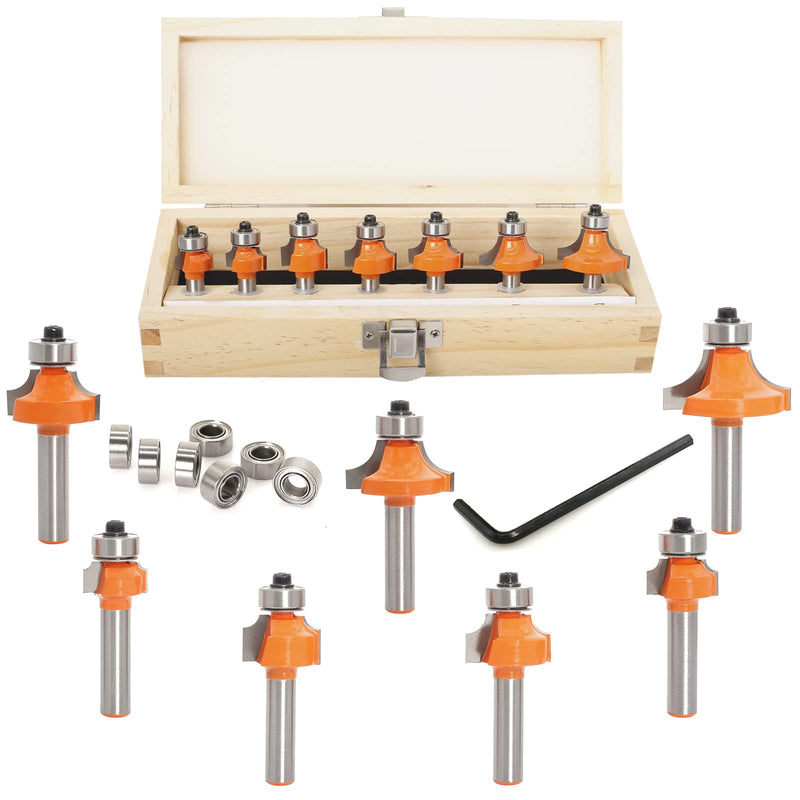 Rounding Router Bit Set HW with Ball Bearing, Shank 8mm, R 2-10mm | With interchangeable starting rings diameter 12.7/9.5 mm for round and quarter bar profiles. Comes in wooden box. 7-Piece Set (R 2-10 mm) Shaft 8 mm