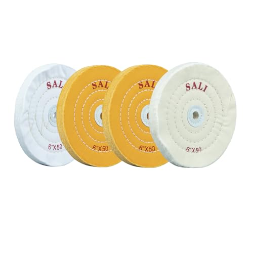 SALI Pack of 4 Polishing Discs Set for Drill and Polishing Stand, 150 mm Buffing Discs with Polishing Paste Kit for Metals & Wood, Yellow, White Cotton & 50-Ply Cotton Polishing Discs 6" - 4pcs Set of 4 6 inch polishing discs
