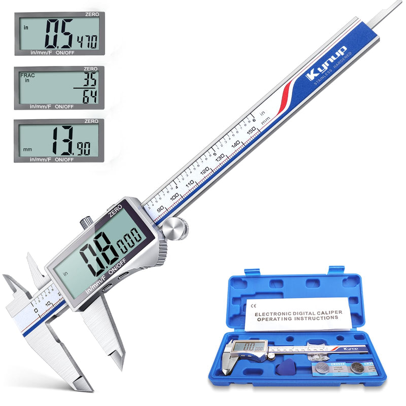Kynup Digital Caliper 150mm Calliper with Large LCD Display | Digital Measuring Gauge, Inch/mm/Fraction Diverter Stainless Steel Precision Measuring Tool for DIY, Workshop and Woodworking silver full screen