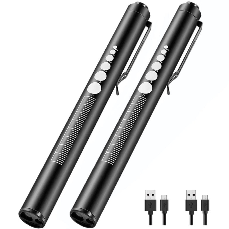[Australia - AusPower] - LEKIA Pupil Light Medicine, Pack of 2 Diagnostic Light Nurse Emergency Service Accessories with Pupil Meter and Ruler, Rechargeable USB LED Pen Lamp for Nurses Students Doctors 2 Pieces, Black, Black 