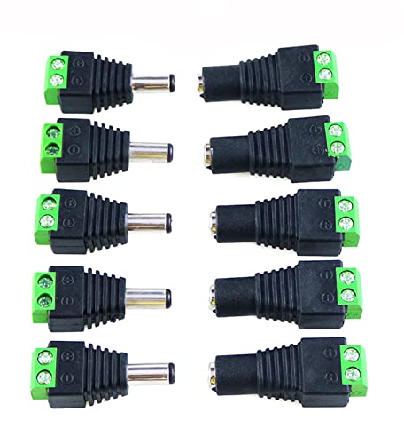 10pcs 5.5mm x 2.1mm Male and Female DC Plug Socket Power Adapter for CCTV Camera, LED Strip Lights Adapter Plug Jack Adapter Connector (5 x DC Female, 5 x DC Plug)