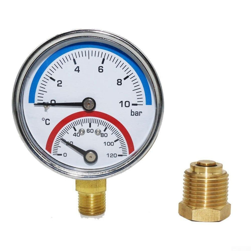 [Australia - AusPower] - Temperature Manometer, Input 120 °C, Thermomanometer, Temperature Manometer, G1/4 Thread, 0-10 Bar 