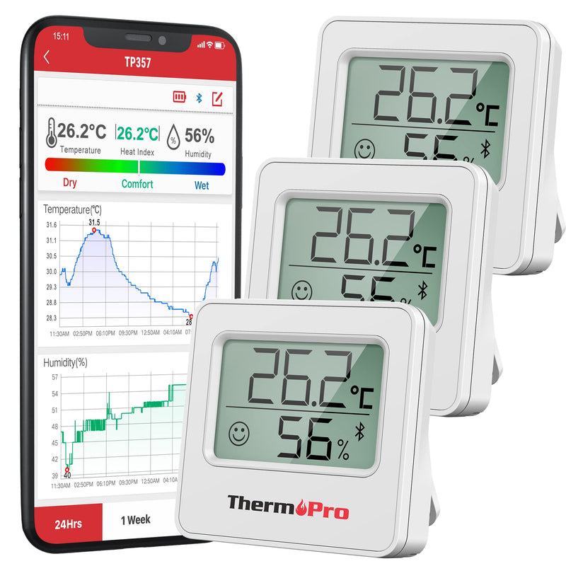 [Australia - AusPower] - ThermoPro TP357-3 80 m Bluetooth Hygrometer Indoor Set of 3 Room Thermometer Digital with App Mini Thermometer for Indoor Use with Smiley Indicator Data Graphic for Indoor, Office, Wine Cellar, Classic Bluetooth 3 Stück 
