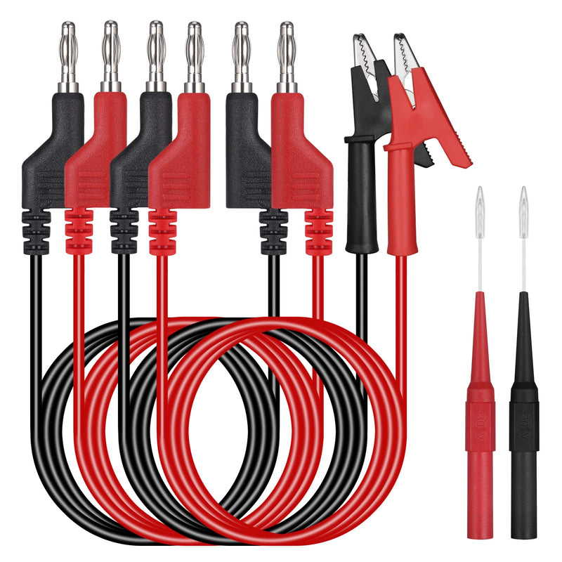 [Australia - AusPower] - Hejo 6 Piece Test Leads Set with Crocodile Clips Cable, 4 Pieces 4 mm Banana Plug Cable with 2 Pieces Test Probes, 1 m Measuring Cable for Multimeter (Red and Black) Pack of 6 - 2 colours 
