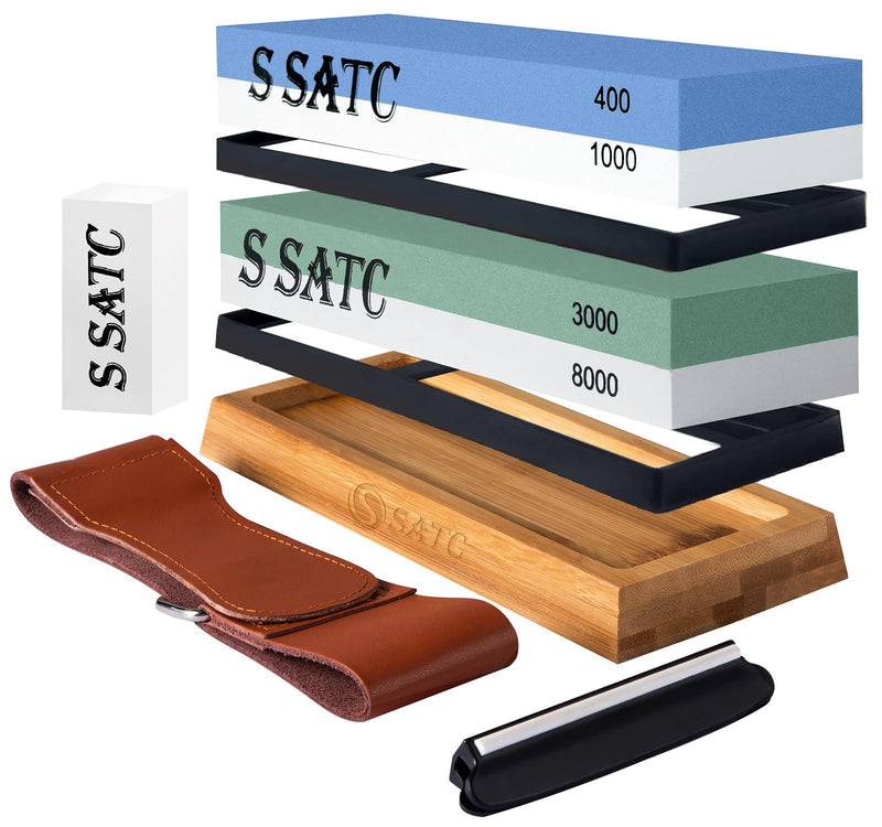 [Australia - AusPower] - S SATC Professional Whetstone 8-in-1 Whetstone for Knives Durable Sharpening Stone Grit 400 1000 3000 8000 Whetstone Sharpening Stone Knife Sharpening Stone Set 