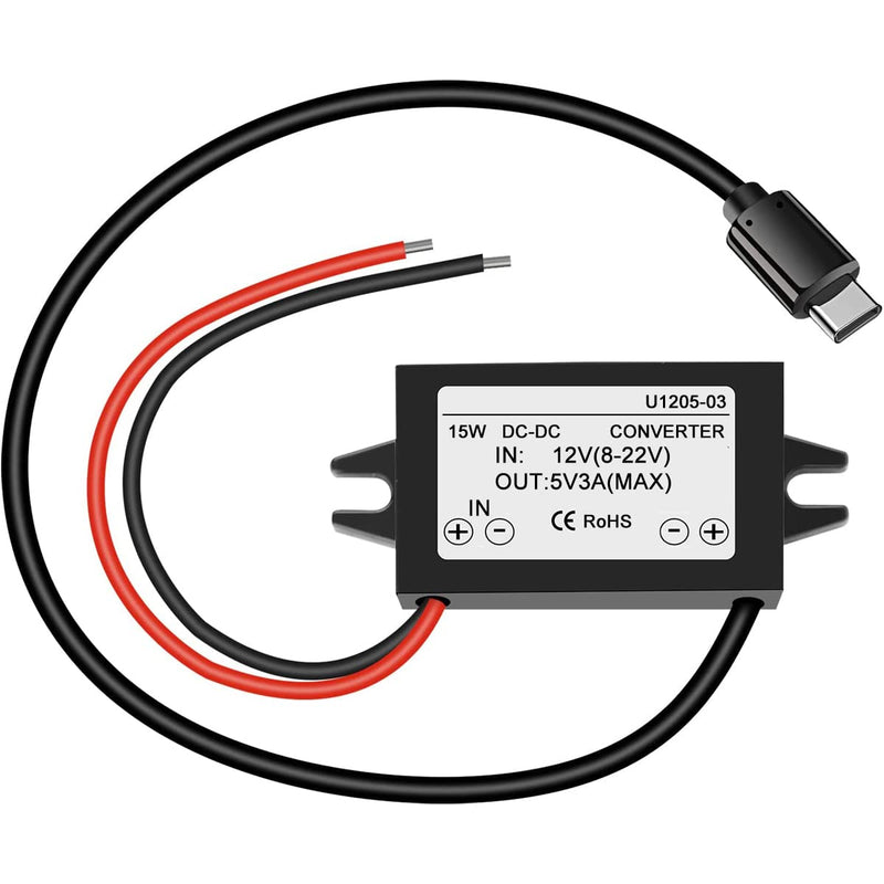Greluma 1 Piece Waterproof 12V to 5V 3A Converter, Type C USB C DC-DC Step-Down Module Power Supply Compatible with Raspberry Pi 4, Mobile Phone, Car