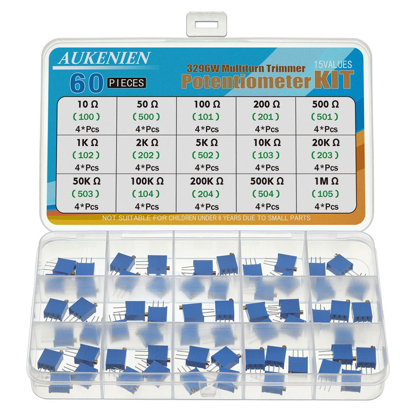 [Australia - AusPower] - AUKENIEN 15 Values 60 Pieces 3296W Trimmer Potentiometer 10 50 100 200 500 1K 2K 5K 10K 20K 50K 100K 200K 500K 1M Ohm Variable Resistance Assortment Kit 