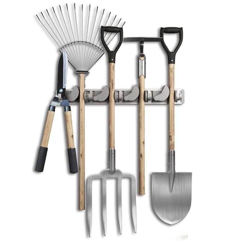Space-saving tool holder for the wall - aluminum profile with 4 individually positionable brackets and 5 hooks [for brooms, garden tools, tools] - ideal in garage, workshop and garden 1