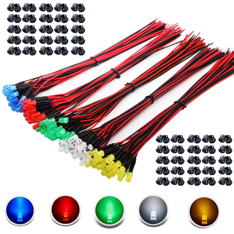 RUNCCI-YUN Pack of 100 5 mm 3V-9V-12V LED Diode, LED with Cable 12V, Model Railway H0 Lighting RC Model Building LED Diodes Light + 100 Pieces 5 mm LED Mounting Rings Plastic (Red, Yellow, Green, White, Blue)