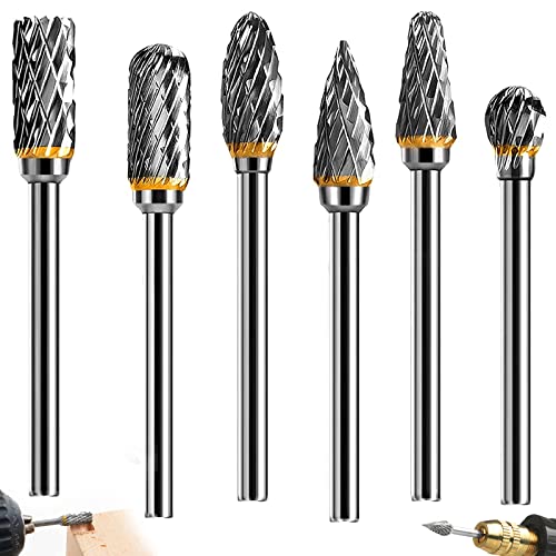 SoundZero 6 Piece Carbide Router Bit Set Double Cut Burr 1/8" | Carbide Rotary Cutter Set End Mill with Shank, for Grinder, Carving, Metal Polishing, Engraving, Drilling