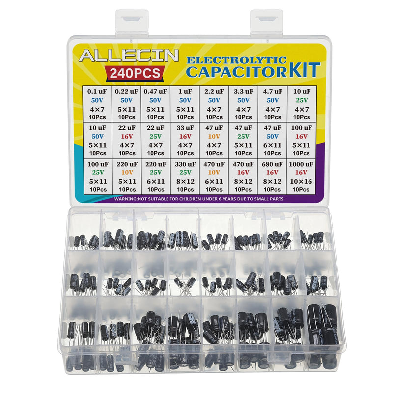 24 Value Elko Capacitor Set Elkos Capacitors Assortment Kit Aluminium Electrolytic Capacitor from 0.1uF to 1000uF 10V 16V 25V 50V Electrolytic Capacitors