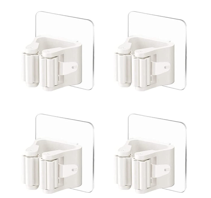 Pack of 4 Broom Holder Wall Self-Adhesive Mop Holder No Drilling Broom Holder Self-Adhesive Mop Holder Holder for Kitchens, Bathrooms (White)