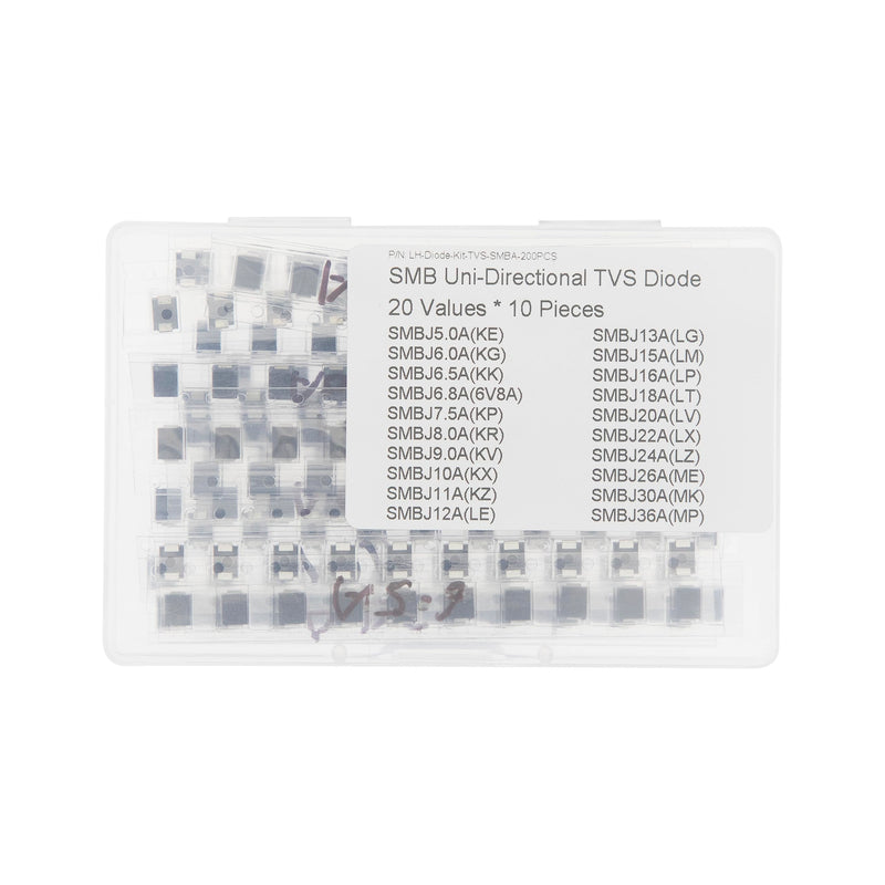 [Australia - AusPower] - 20 Values x 10 SMB 600W TVS Unidirectional Surface Mount Protective Diodes Kit 