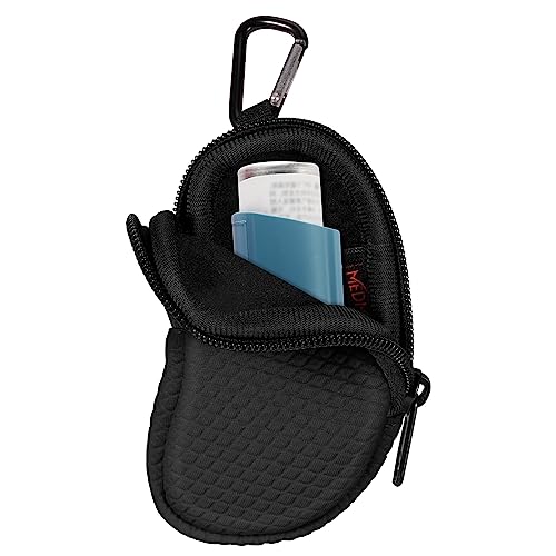 Medmax Neoprene Bag for Asthma Inhaler | Carrying Case with Carabiner Hook and Mesh Pocket Inside, Travel Holster Holder for L Shaped Asthma Inhalers (Black) Black