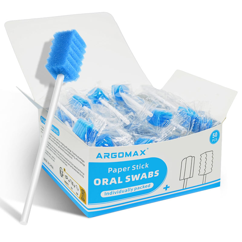 ARGOMAX Pack of 50 Oral Care Sponges - Disposable Sponge Swabs for Mouth Cleaning & Lip Care - Gentle Cleaning Sticks for the Oral Cavity - Blue