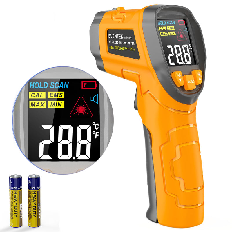 Eventek Infrared Thermometer, -50°C ~ 600°C Temperature Meter, 0.1-1.0 Adjustable Emissivity Laser Thermometer, Colored HD Screen Thermometer for Kitchen, Pizza, Cooling, Industry yellow