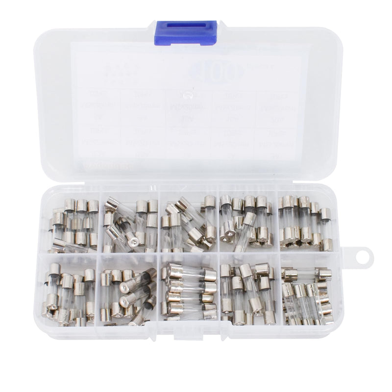 [Australia - AusPower] - 100 x 10 Values Quick Impact Glass Fuses Assortment Set 5 x 20 mm Fuse 250 V Fuses 0.2 A, 0.5 A, 1 A, 2 A, 3 A, 5 A, 6 A, 8 A, 10 A, 15 A Packaging in a Plastic Box 