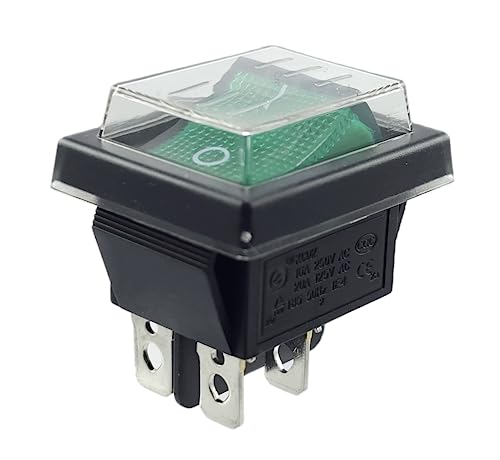 Toggle Switch Green On/Off with Waterproof Cover, Device Switch DPDT, 4-Pin 250V 16A Rocker Switch Illuminated