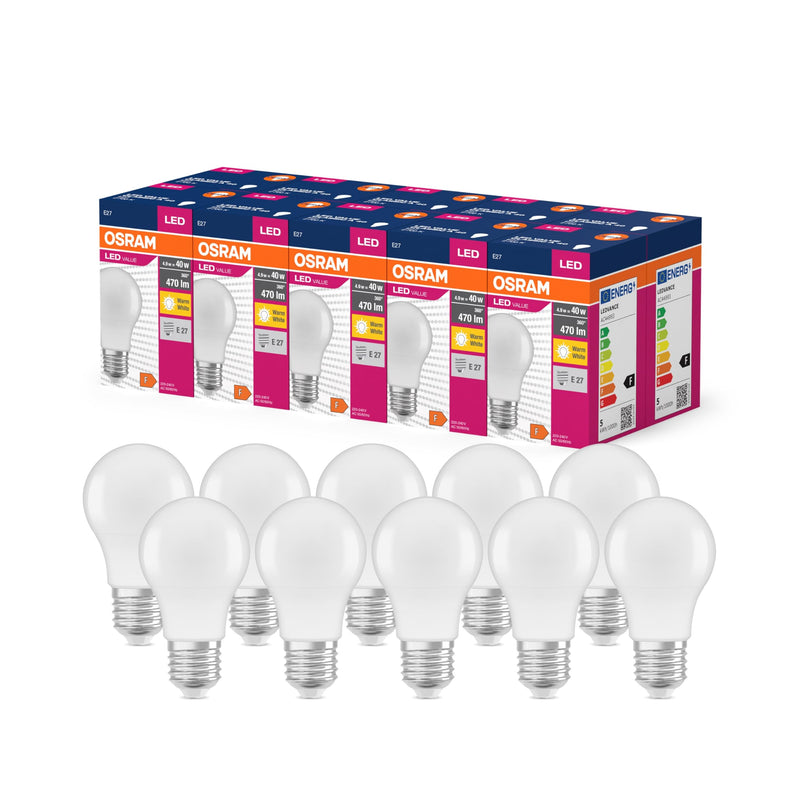 [Australia - AusPower] - Osram LED Star Value Classic A40 LED Bulb for E27 Socket, Pear Shape, FR, 470 Lumens, Warm White (2700K), Replacement for Conventional 40W Incandescent Bulbs, Non-Dimmable, Pack of 10 40W-Ersatz Matte 10 Pack 