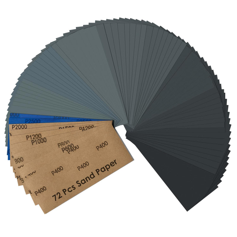 [Australia - AusPower] - Sandpaper Set, Wet and Dry Sandpaper 23 x 9 cm, Grit 400 600 800 1000 1200 1500 2000 2500 3000, Fine Sandpaper for Car Metal Wood Varnish Walls Glass Sanding Finishing (72 Pieces) 72 