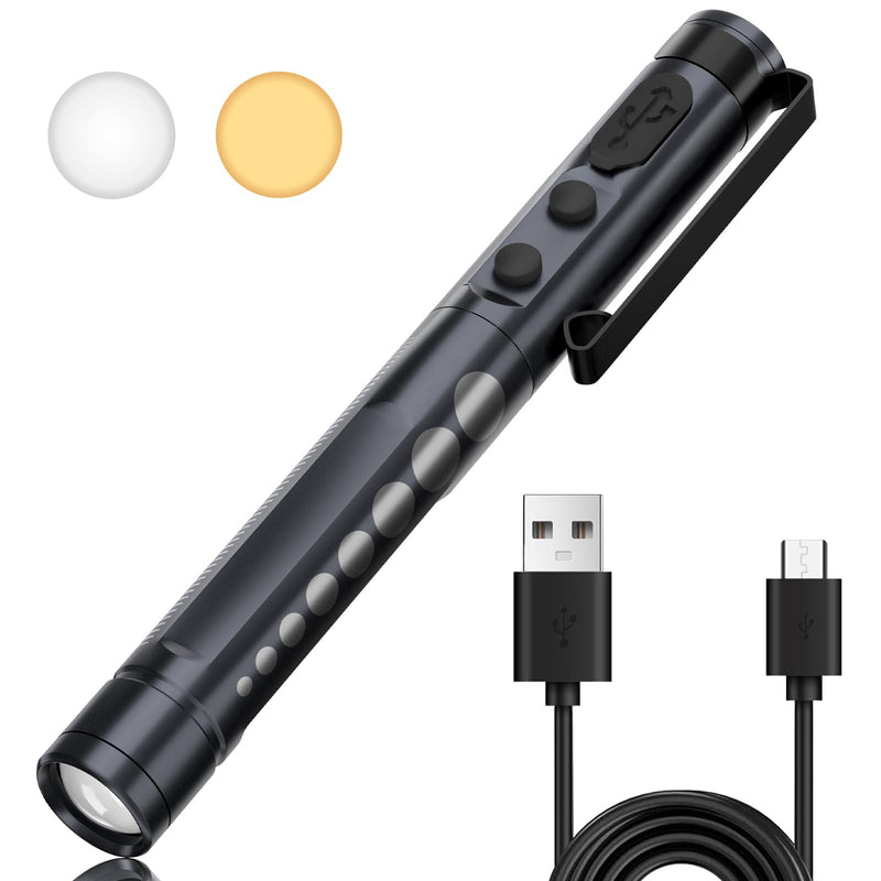 Medical Diagnostic Light, Rechargeable LED Pupil Light with USB Cable, Warm/Cool White & Continuous Dimming, Portable Aluminum Medical Pupil Light with Clip black