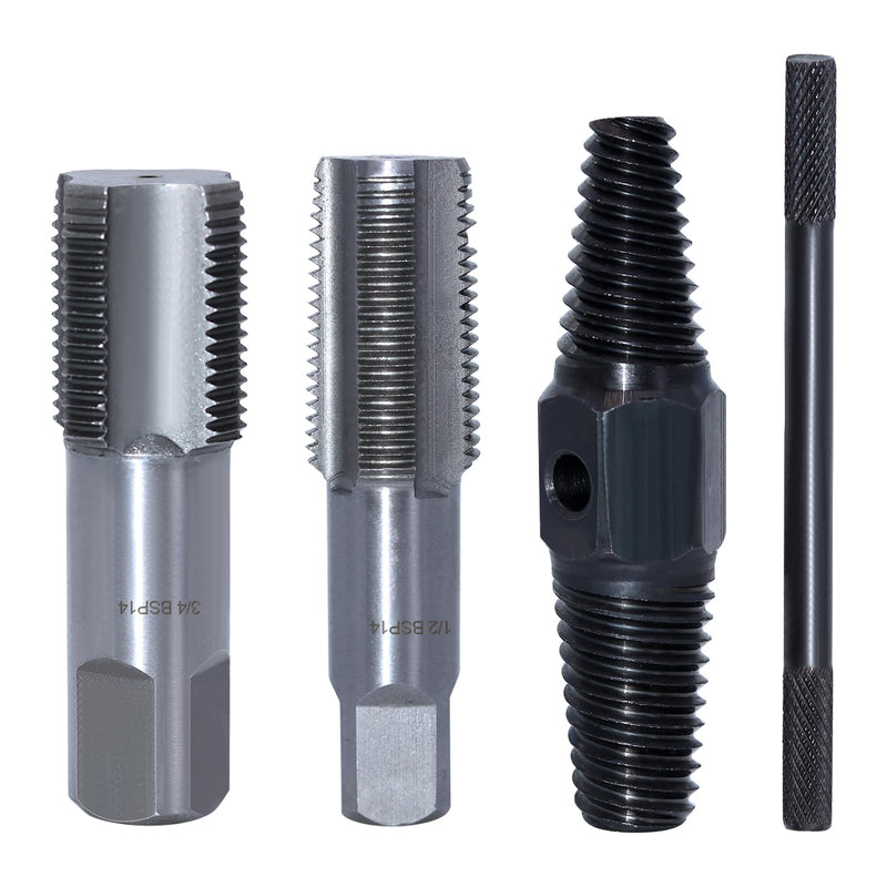4 Piece Pipe Tap Set, 1/2 and 3/4 Inch Tap, Double Head Screw Extractor with Metal Rod, Professional Tap for Repair Thread
