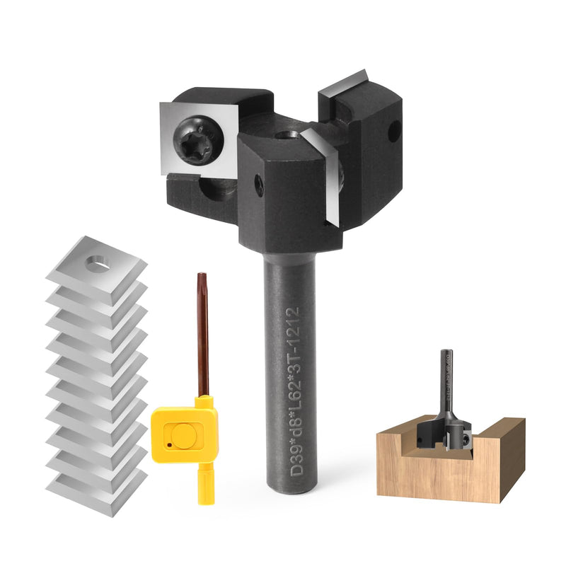 [Australia - AusPower] - Face Milling Cutter 8 mm Shank 3 Flutes with 10 Interchangeable Carbide Blades (12 x 12 x 1.5 mm) for Wood Diameter 39 mm, Professional Face Milling Cutter for Routers and CNC Machines (D=39 S=8) S=8,D=39 