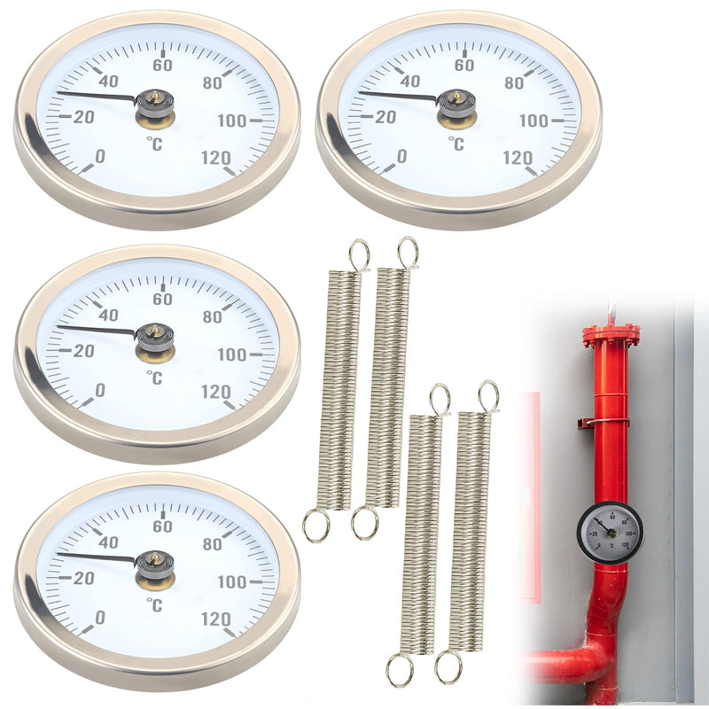 Heating Pipe Attachment Thermometer, Pack of 4, Bimetal Thermometer, Industrial Pipe Thermometer, Temperature Display with Clip-On Spring, Pointer Thermometer 0-120°C 63 mm Tube Thermometer