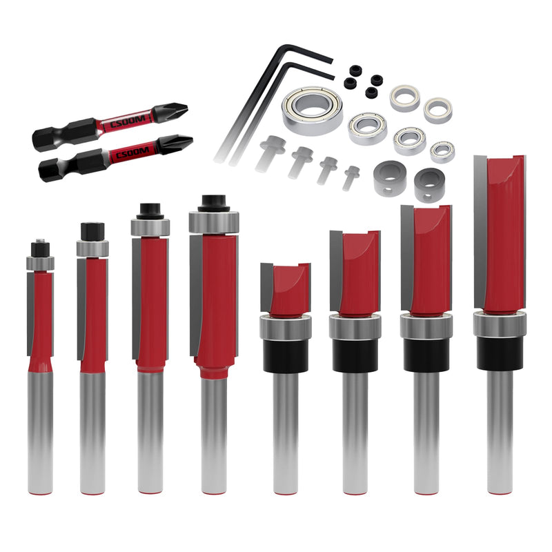 [Australia - AusPower] - CSOOM Pack of 10 Flush Cutters with 2 Impact Magnetic Bits, 6 Bearings, 2 Wrenches, 8 mm Shank Flush Cutter Set, Carbide Cutters, Tools for Woodworking 10pcs-8mm 