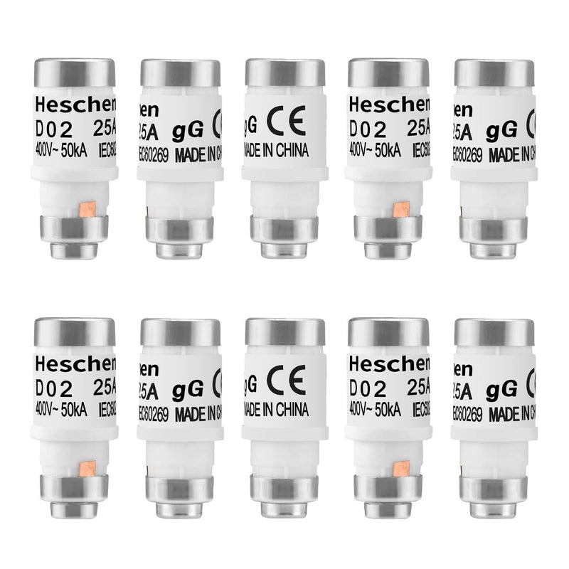 [Australia - AusPower] - Heschen Ceramic Neozed Fuse Inserts, D0 Type Fuse Insert, D02, 25A 400VAC, gL/gG Type, Pack of 10 