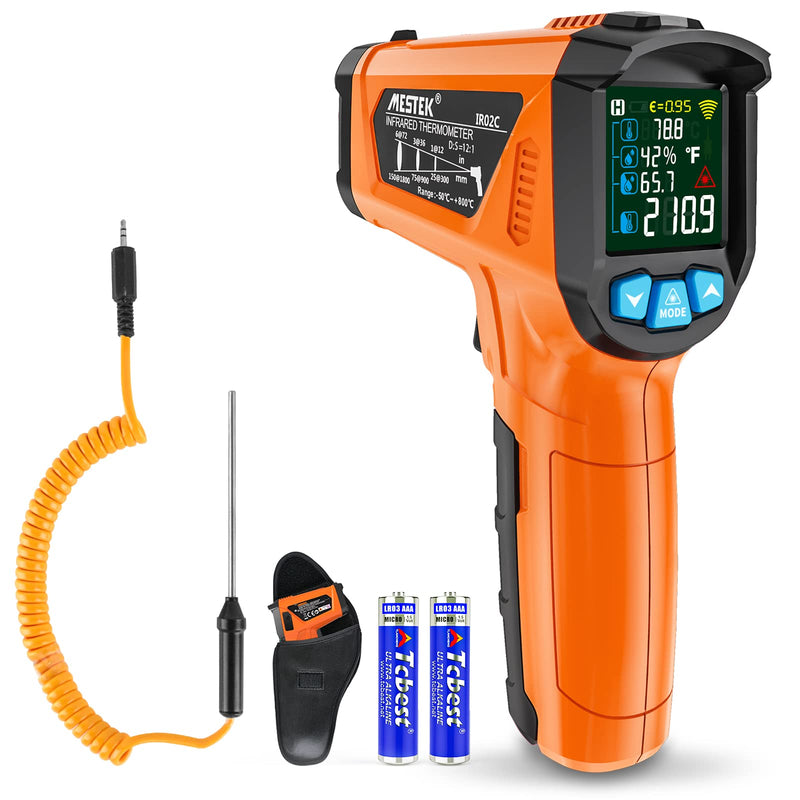 [Australia - AusPower] - Infrared Thermometer MESTEK Laser Thermometer Temperature Meter with K Probe -50°C ~ 800°C IR Temperature Meter Non-Contact with Colour LCD Digital Alarm Function Adjustable Emissivity for Kitchen orange 