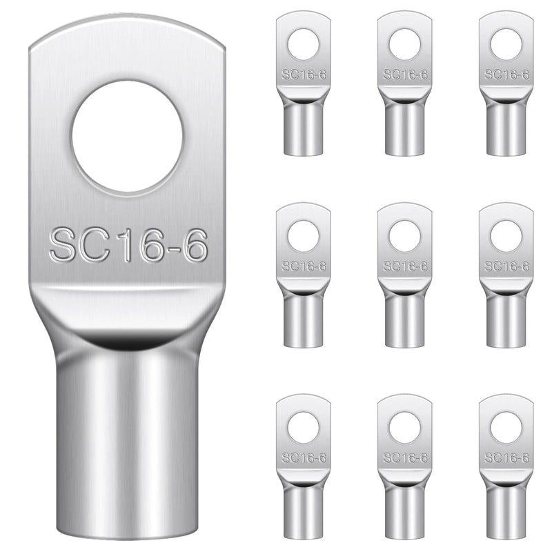 Tube Cable Lug M6 Cable Lugs 16 mm² Red Copper Pack of 10 | Uninsulated SC cable connector tinned copper, ideal for battery cables, car systems and electrical distribution boxes SC16-6