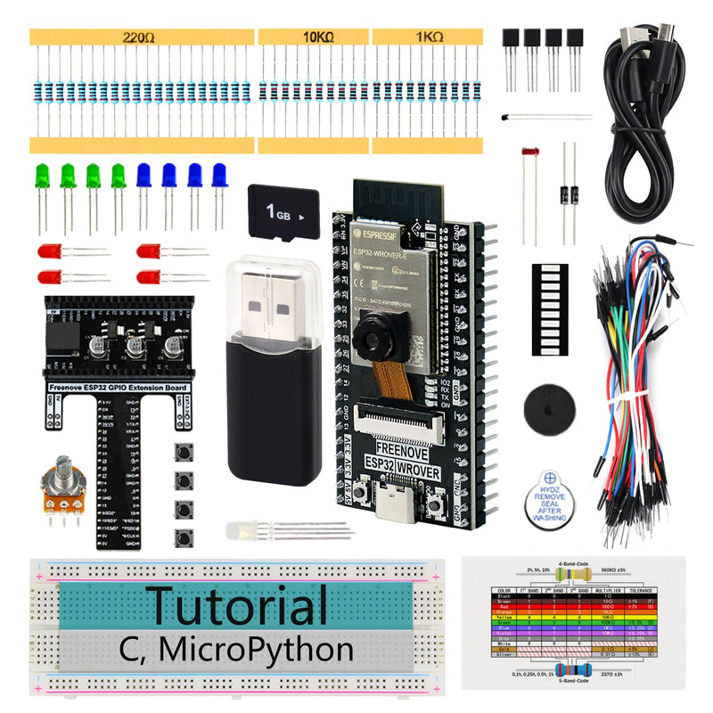 Freenove ESP32 Kit dev CAM Board Basic Starter Kit, Dual-Core 32-Bit 240 MHz Microcontroller, Onboard Camera WiFi+BT, 400 Pages Detailed Tutorial, Python C Code, 58 Projects, 141 Items With memory card slot and card