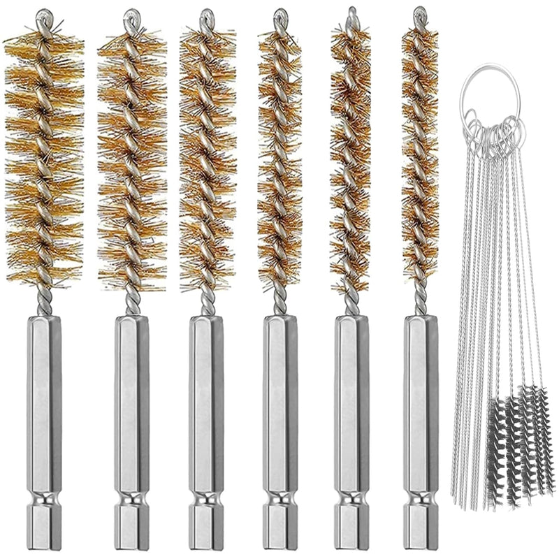 [Australia - AusPower] - 6 Pieces Brass Drilling Brushes in Different Sizes + 15 Pieces Cleaning Needles Nylon Brush Tools, Twisted Wire Brush with Handle, 1/4 Inch Hex Shank Attachment Drill Set for Pipes 