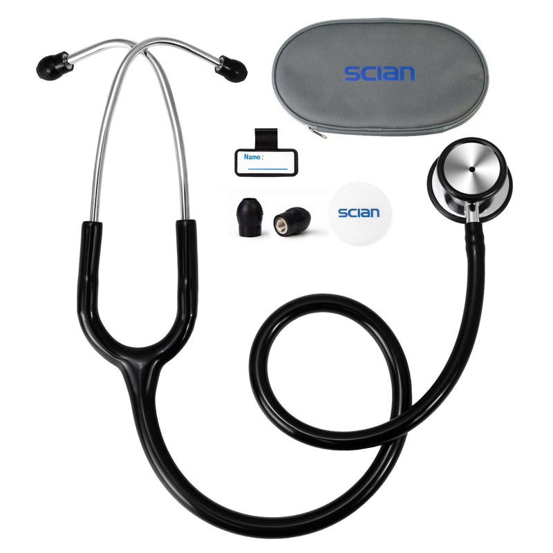 [Australia - AusPower] - SCIAN Dual Head Stethoscope for Nurses, Doctors, Medical Students, Home Use, Classic Stainless Steel Cardiology Stethoscope with Accessories and Carry Bag, Black Tube 