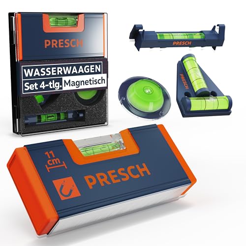 Presch Mini Spirit Level Set of 4 – Mini Spirit Level, Cross Spirit Level, Can Level and Line Spirit Level – All-Round Set – Reinforced Magnet for Maximum Adhesion – Shatterproof Acrylic Glass Levels Set of 4.