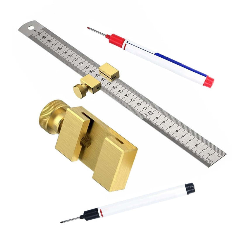 Brass Steel Ruler with Metal Stop, 300 mm, Metal Ruler, Ruler Stop, Marking Gauge, Stainless Steel, Ruler Stop Marking Tool, Combination Square Carpenter's Square (Brass) Brass