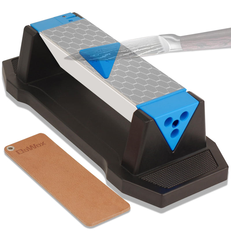 [Australia - AusPower] - DOWOX Diamond Sharpening Stone, 3-Sided Grit 400/1000/8000, Premium Diamond & Ceramic Whetstone with Angle Guide, Non-Slip Base & Leather Strap Diamond Stone Blue 