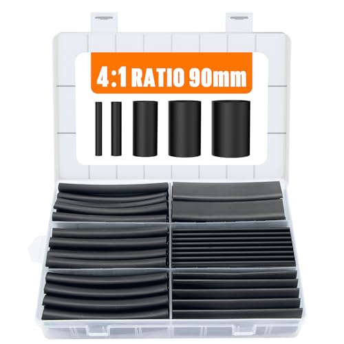 90 mm Heat Shrink Tube Set with Adhesive, 4:1 Heat Shrink Tubing Black | Double Wall and Waterproof, 5 Sizes Heat Shrink Tube, Heat Shrink Tube Cable Sleeve - Pack of 100