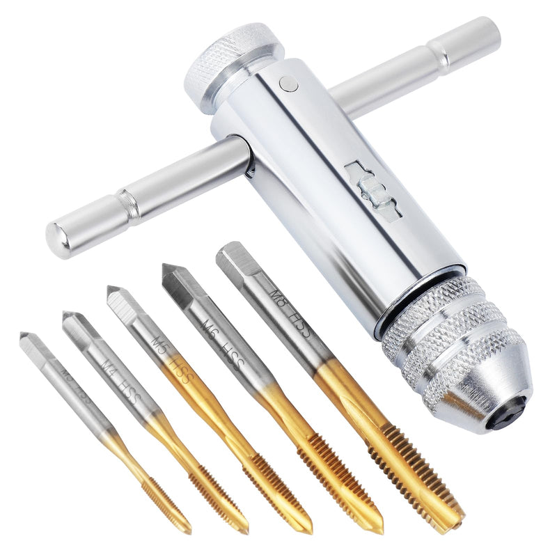 [Australia - AusPower] - Habwea 5 Piece Tap Set, M3 M4 M5 M6 M8 HSS Thread Milling T Handle Ratchet Tap Holder Key (Tap Wrench Set Golden) Tap Wrench Set-golden 