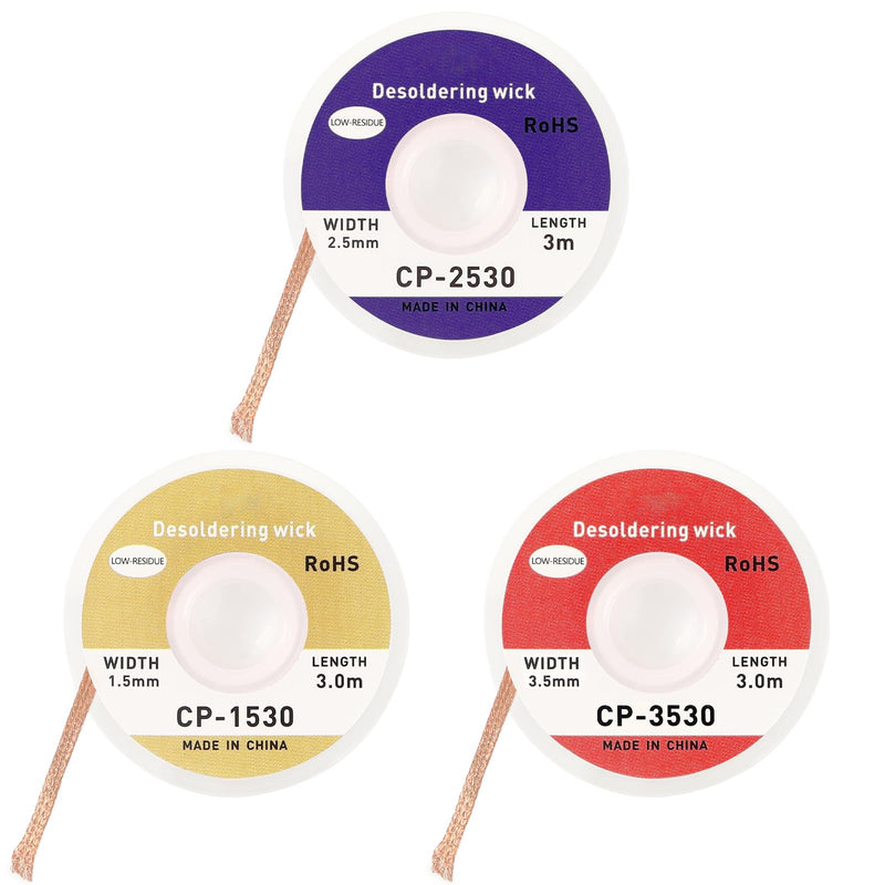 [Australia - AusPower] - Pack of 3 Desoldering Braids - Copper Desoldering Wire (1.5 mm x 3 m, 2.5 mm x 3 m, 3.5 mm x 3 m) | Ideal for Desoldering and Removing Solder at Solder Points | High Thermal Conductivity Soldering 
