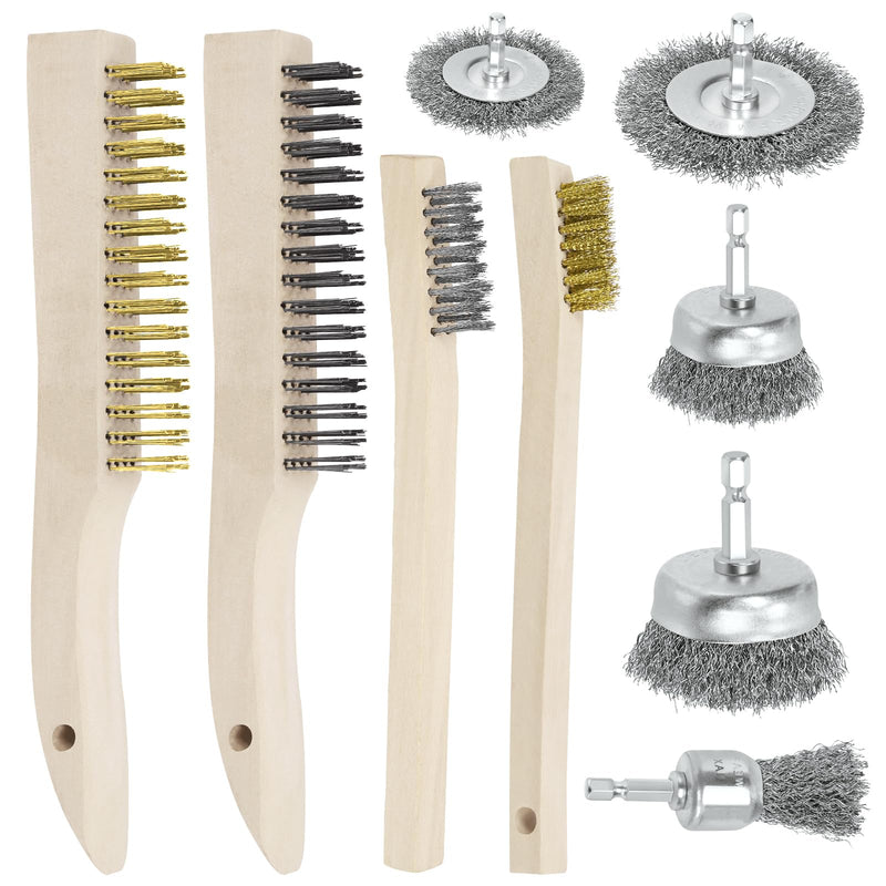 [Australia - AusPower] - Swpeet Wire 9 Pieces Wire Scratch Brush Kit, Including 5 Pieces Wire Wheel Cup Brush, 3 Pieces Brass/Stainless Steel/Carbon Steel Wire Brush and 1 Piece Copper Wire Brush for Rust, Colour Scouring N3 