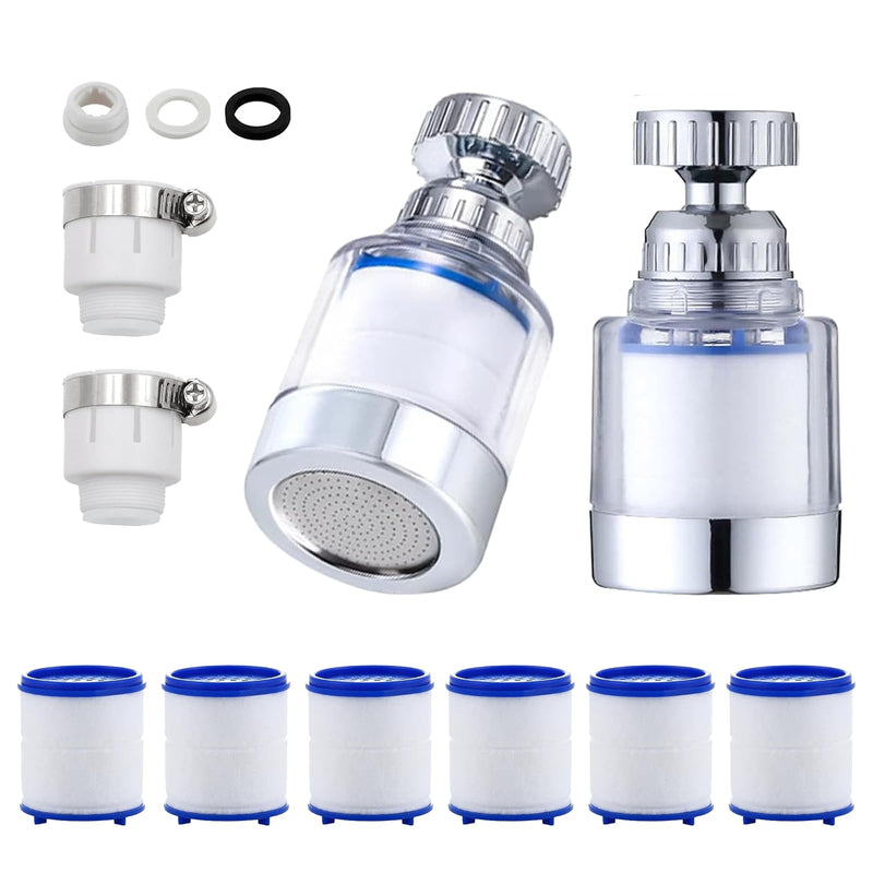 [Australia - AusPower] - Pack of 2 Transparent Tap Filter, 360° Tap Filter + 6 Polypropylene Cotton Filter Element Water Filter Tap with Interchangeable Filter Element for Kitchen, Sink, Home Bathroom 2 taps + 6 filter elements 