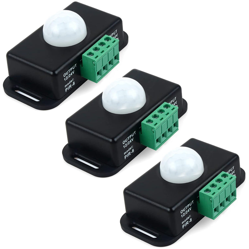 [Australia - AusPower] - Greluma Pack of 3 12 V/24 V Motion Sensor Switch, PIR Sensor LED Switch Controller for Flexible LED Strips Black 