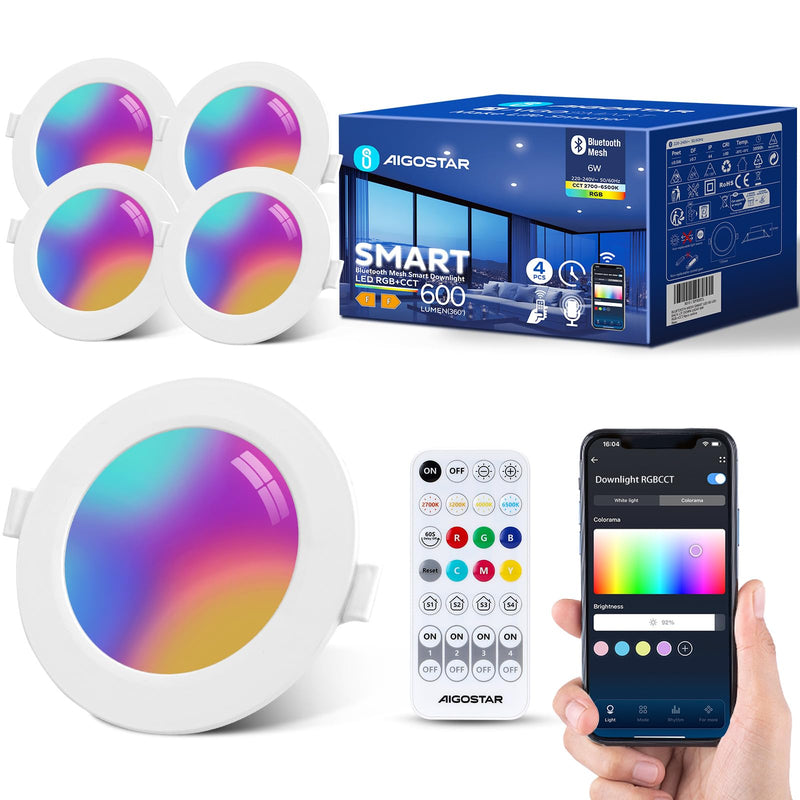 [Australia - AusPower] - Aigostar Recessed LED Downlight, 6 W Smart Ceiling Recessed Lamp RGB+CCT Compatible with Alexa Bluetooth Mesh, Colour Temperature 2700 K-6500 K, IP44 Recessed Light with Remote Control, Diameter 6w 4 Stück 