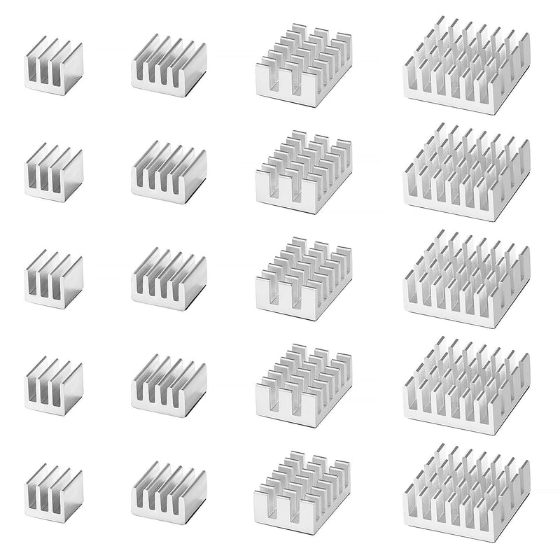 [Australia - AusPower] - VooGenzek 20 Pieces Aluminium Heatsink Kit, Radiator Fin Heatsink, Heatsink, Cooler, with Heat-Conducting Special Adhesive Film, for Cooling Electronic Components, Silver Silver - Multiple Sizes - 20 Pieces 