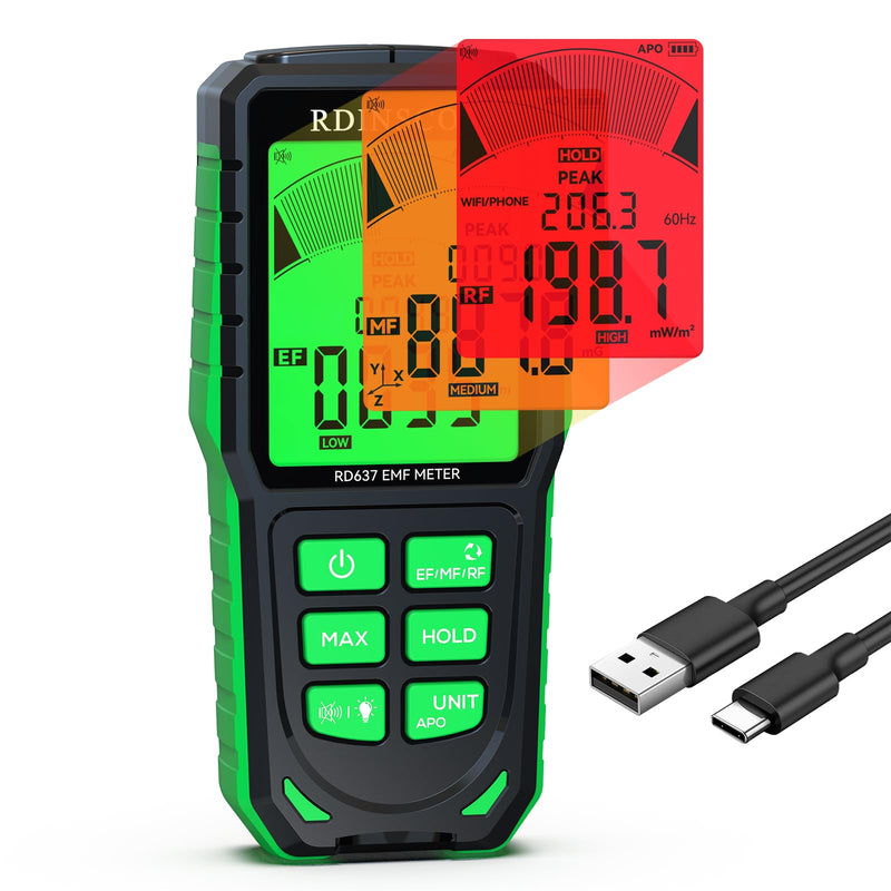 [Australia - AusPower] - RDINSCOS EMF Meter Rechargeable Electromagnetic Field Radiation Detector Hand-held EMF Reader Tester with Sound and Backlit Alarms EMF Monitor for EF RF MF, WiFi, Microwave and Ghost Hunting RD637 