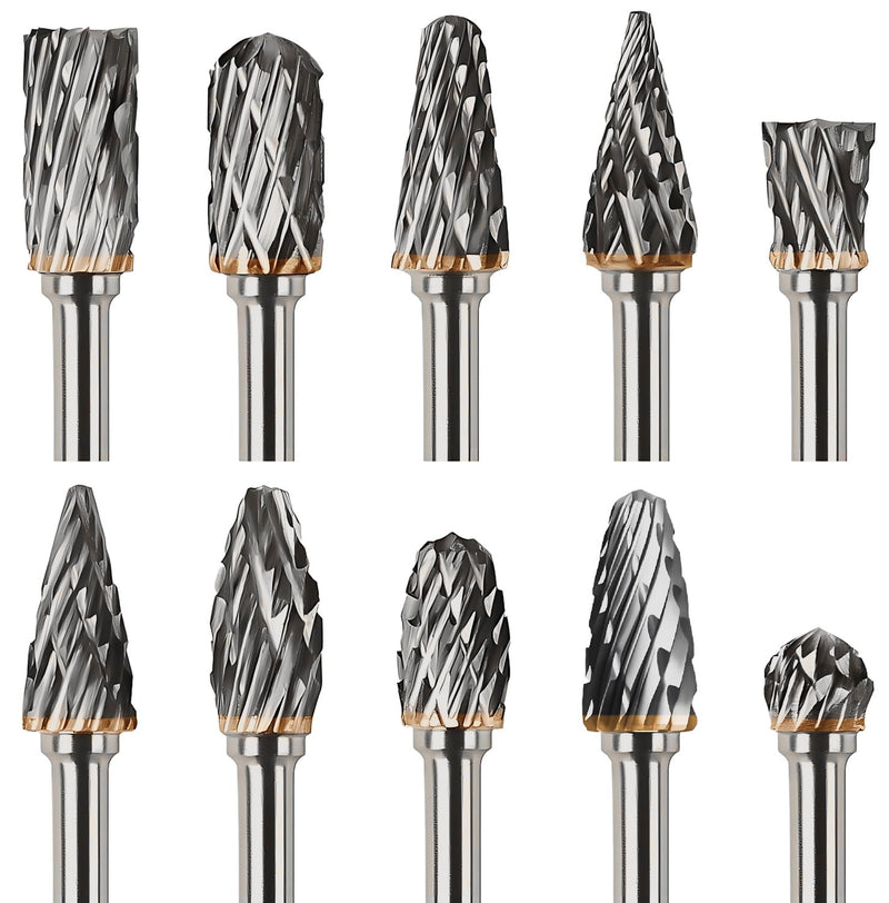 [Australia - AusPower] - QUTIASE Carbide Burrs with Double Cut, 10 Pieces Carbide Cutter Set with 3 mm Shank, Rotary Tool Accessories for Grinding, Carving, Metal Polishing and Engraving 