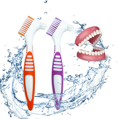 2 Pack Denture Toothbrush, Mini Toothbrush, Double Angle Brush Head, Portable Ergonomic Denture Cleaning Brush, Dental Device (Green + Orange) Green + Orange